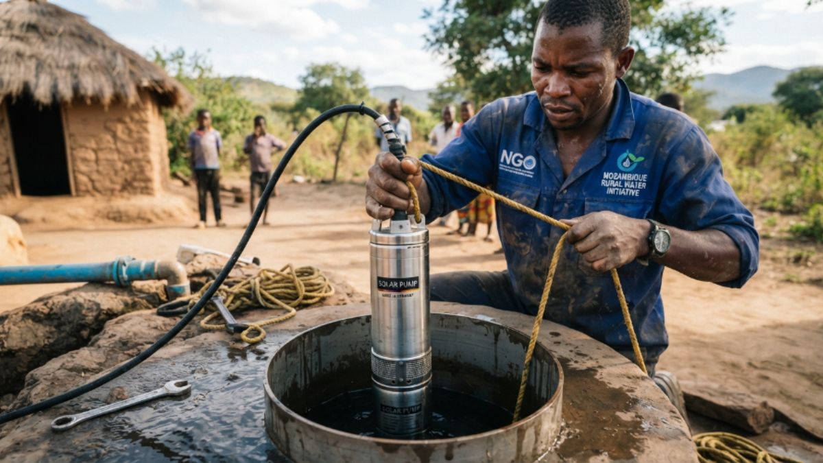 Uma bomba solar submers&iacute;vel sendo baixada em um po&ccedil;o, t&eacute;cnico trabalhando
