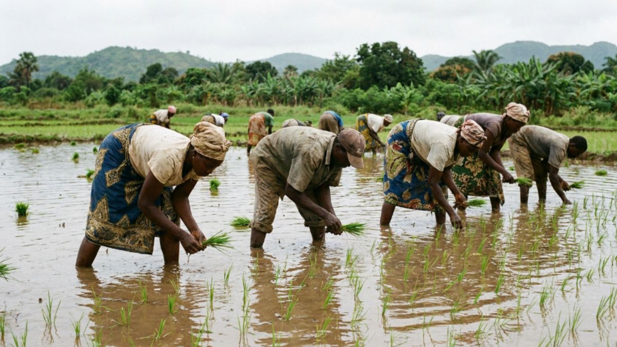 Agricultores a fazerem o plantiu de arroz em linha