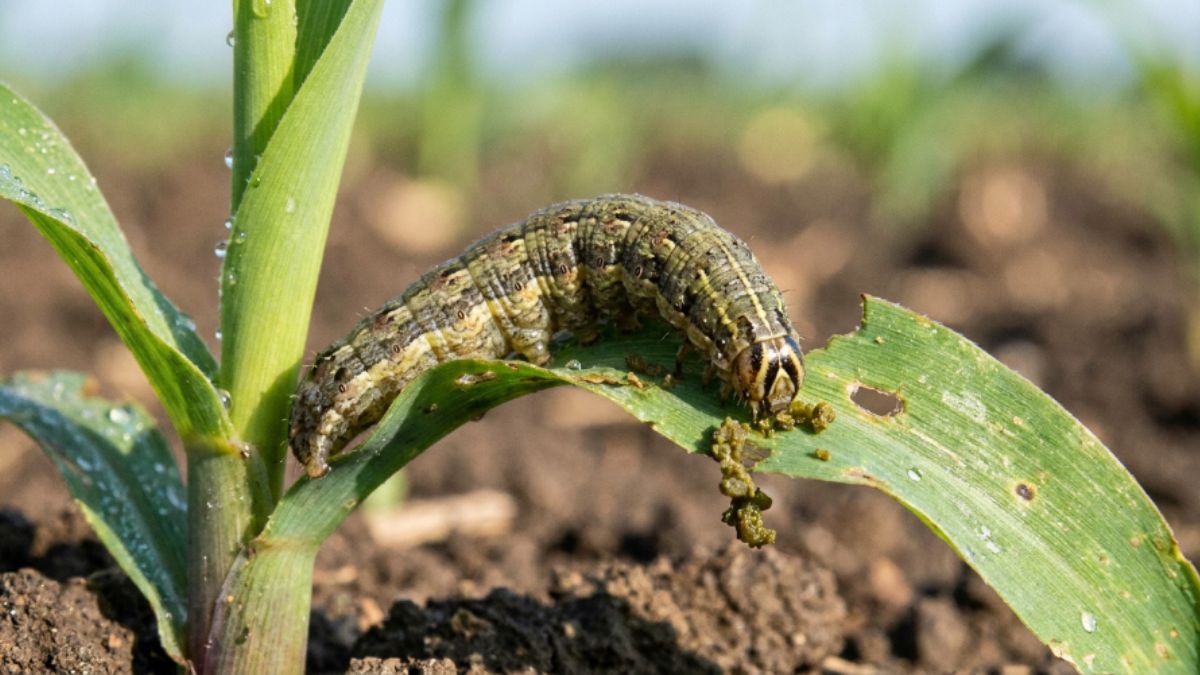 A lagarta do funil do milho atacando uma plantula jovem