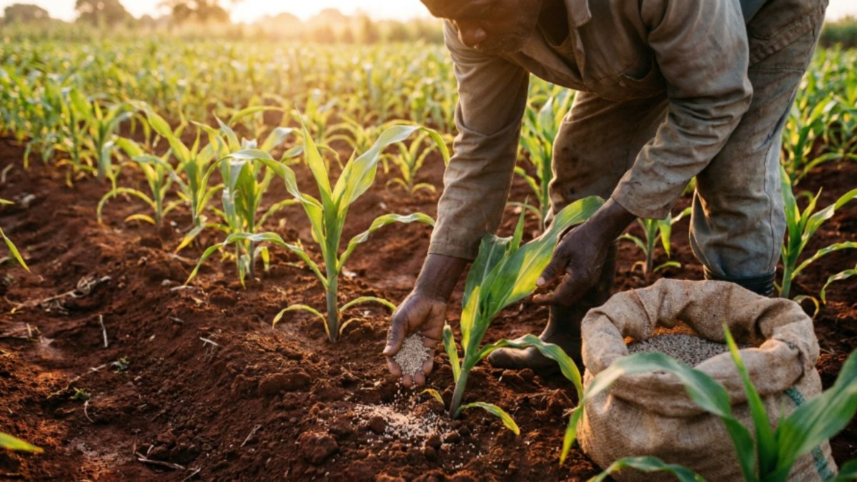 M&atilde;os aplicando adubo quimico ao solo proximo a planta de milho