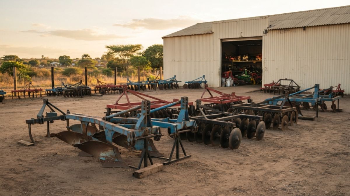 pátio ou armazém simples com várias alfaias agrícolas genéricas alinhadas (charruas, grades) prontas para venda ou aluguer