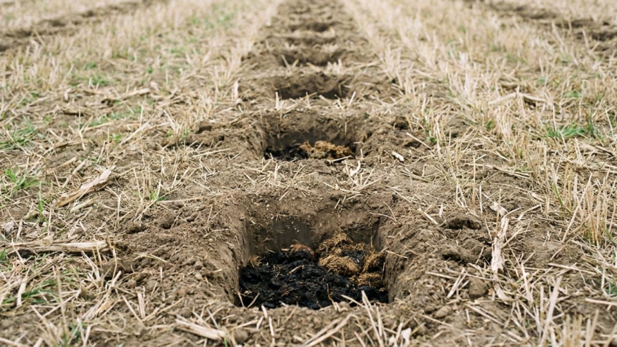 covachos (pequenos buracos) abertos em linhas organizadas numa machamba, com um pouco de composto ou estrume vis&iacute;vel dentro de alguns deles