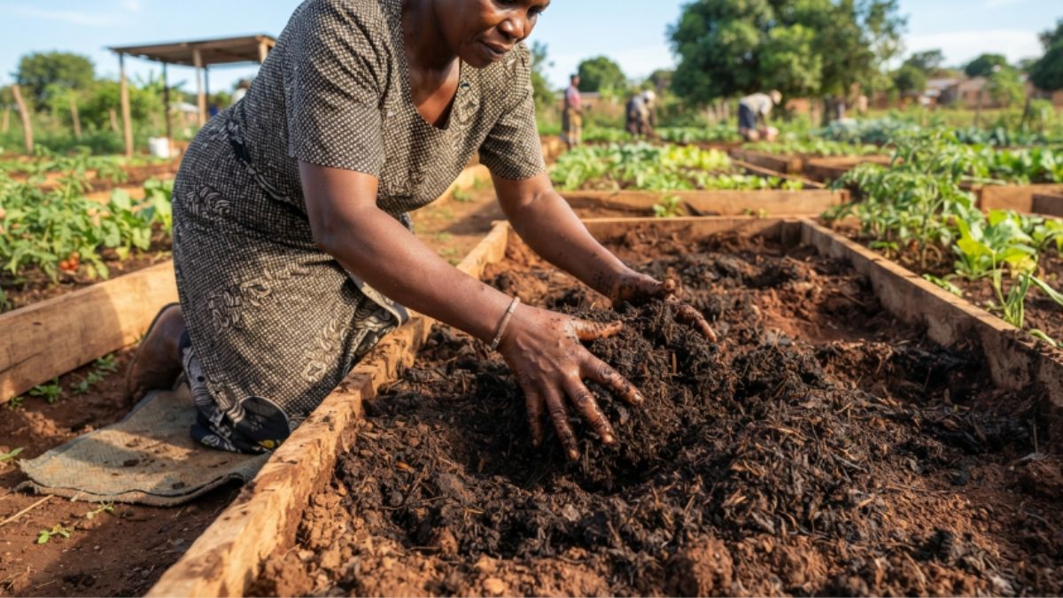 M&atilde;os a misturar composto org&acirc;nico na terra de um canteiro rec&eacute;m-preparado.