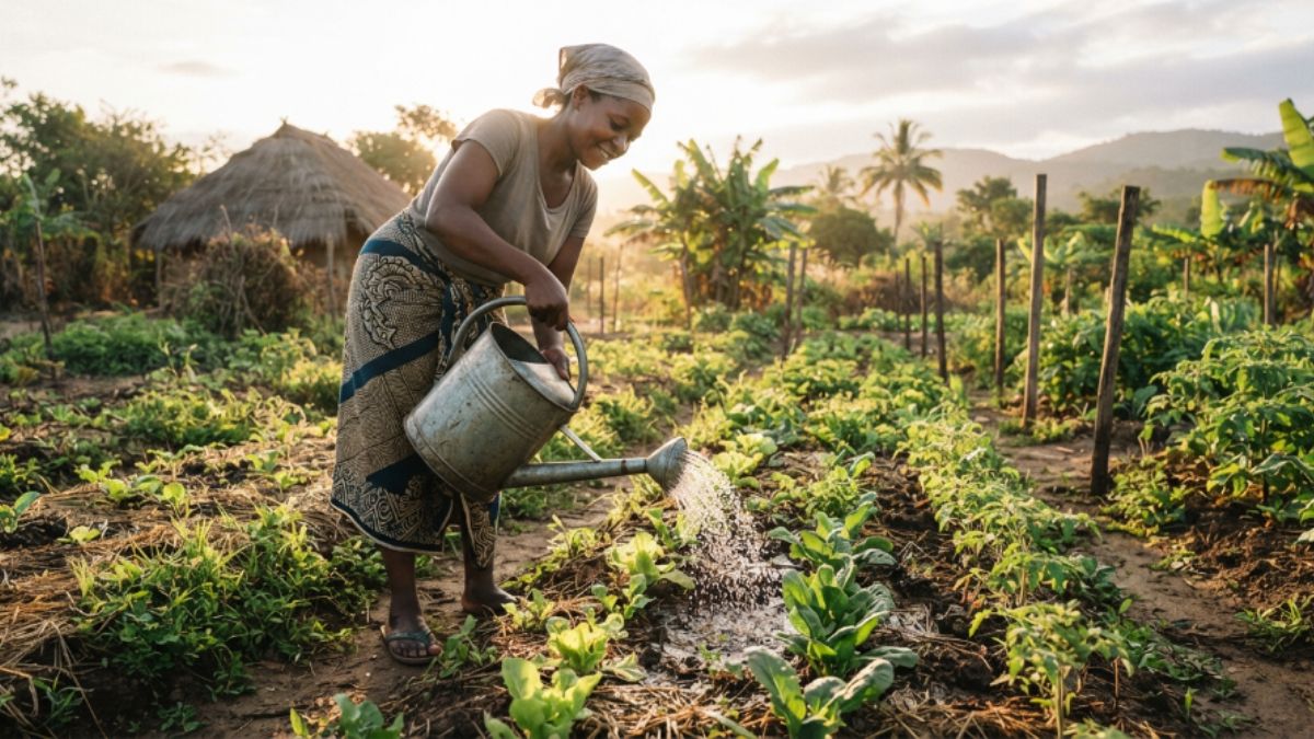 uma agricultora com regador a molhar um canteiro de hort&iacute;colas jovens ao in&iacute;cio da manh&atilde;, luz suave.
