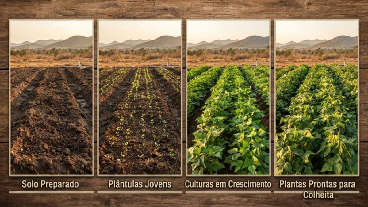 Calendário ou sequência visual de estações agrícolas — solo preparado, plantas jovens, plantas em crescimento, colheita.