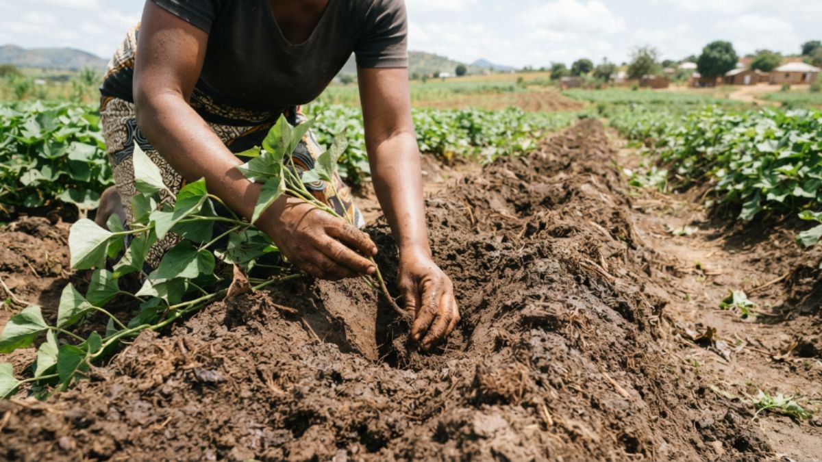 Mãos a plantar uma rama de batata-doce numa leira de terra, metade enterrada.