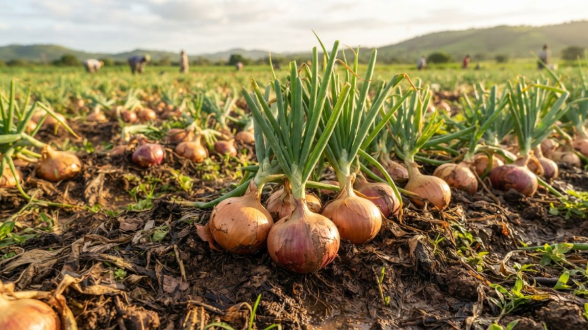 Cebolas bem desenvolvidas e saudaveis em um campo