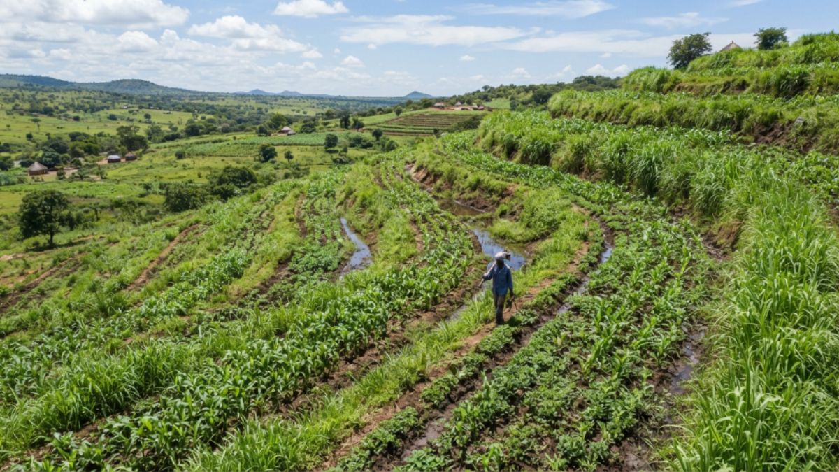 Camalh&otilde;es em curva de n&iacute;vel e barreiras de capim numa machamba em terreno inclinado