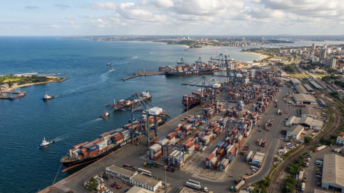 Porto de cont&ecirc;ineres com guindastes carregando navios, costa de Mo&ccedil;ambique, vista a&eacute;rea