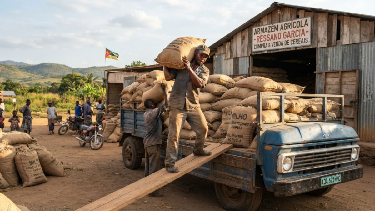 Agricultor carregando a colheita em um caminh&atilde;o em um pequeno dep&oacute;sito