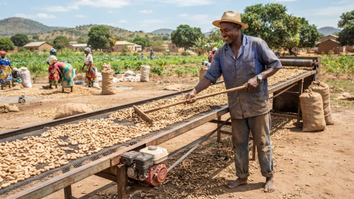 Agricultor secando amendoins colhidos sobre uma esteira ao sol