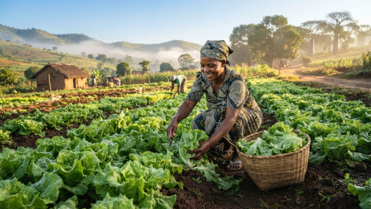 Produtora a colher alface grande e saudavel em sua horta