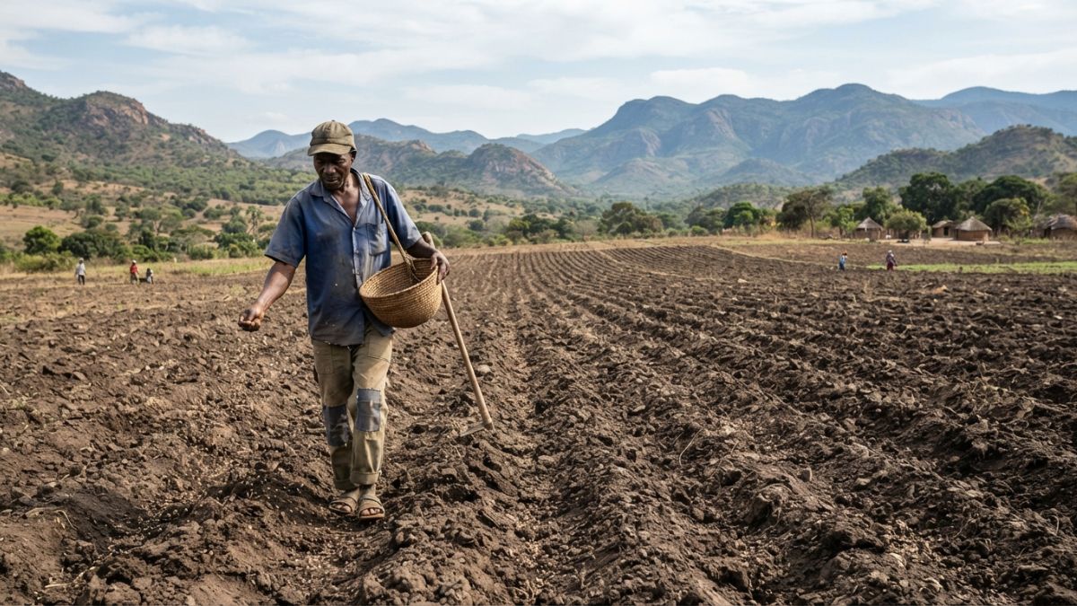 Agricultor semeando soja numa machamba