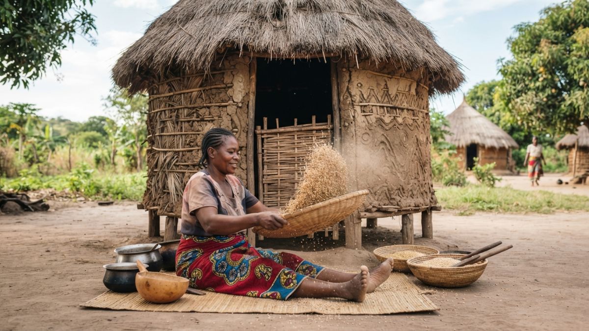 Mulher a peneirar ou a limpar gr&atilde;os &agrave; entrada de um celeiro tradicional