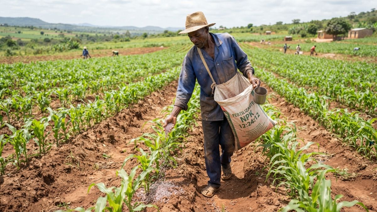 Agricultor a aplicar fertilizante em campo de milho