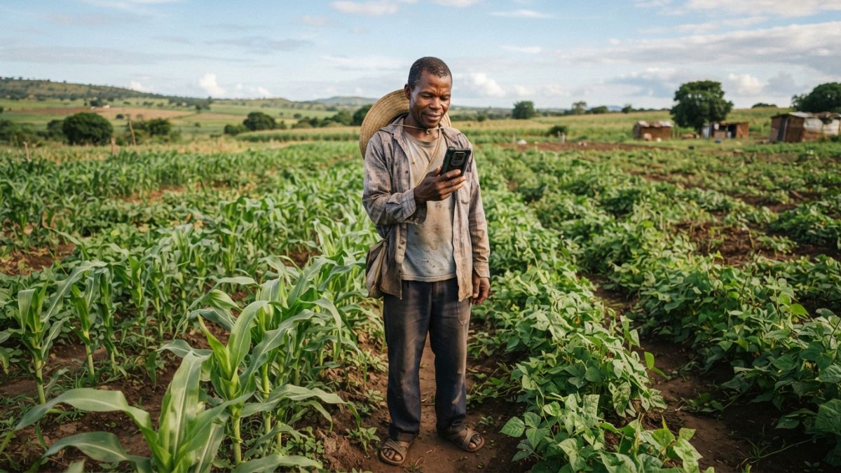 Agricultor verificando a previs&atilde;o do tempo no celular enquanto est&aacute; em um campo
