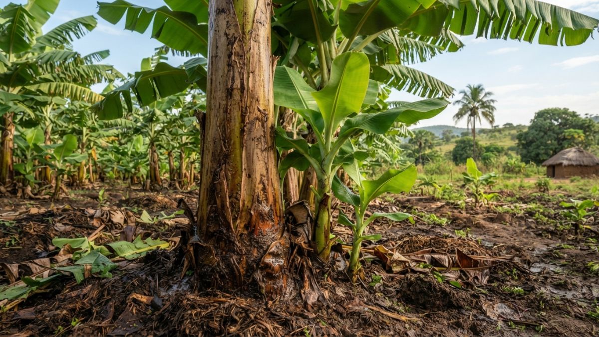 Vista da base de uma touceira de bananeira mostrando a planta-m&atilde;e e um ou dois perfilhos jovens ao lado.