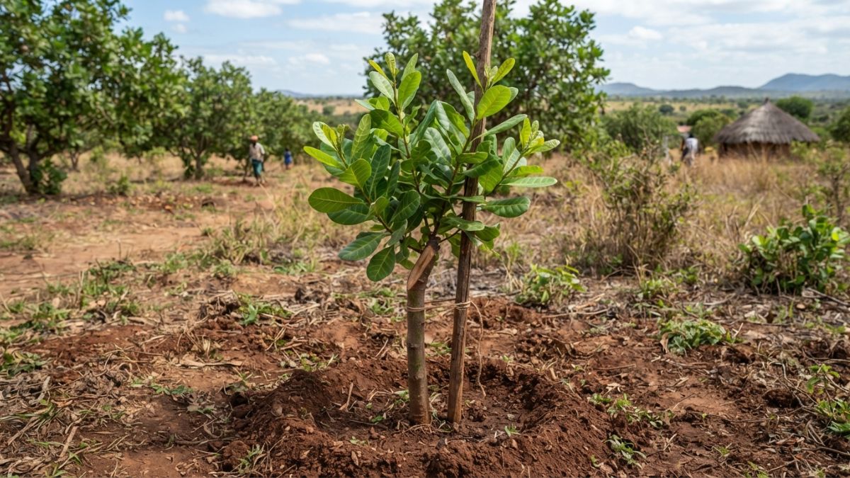 Muda de um cajueiro anão enxertado com um anel em terra para adubação e rega