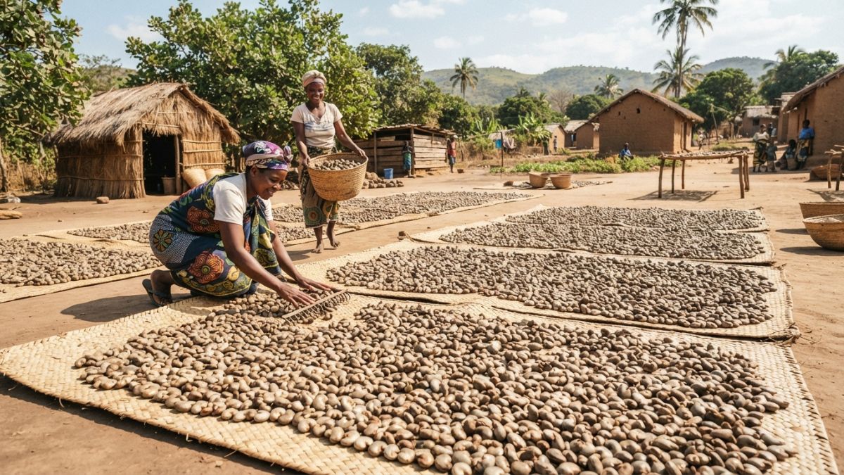 Produtoras a estender castanha de caju em lona ao sol
