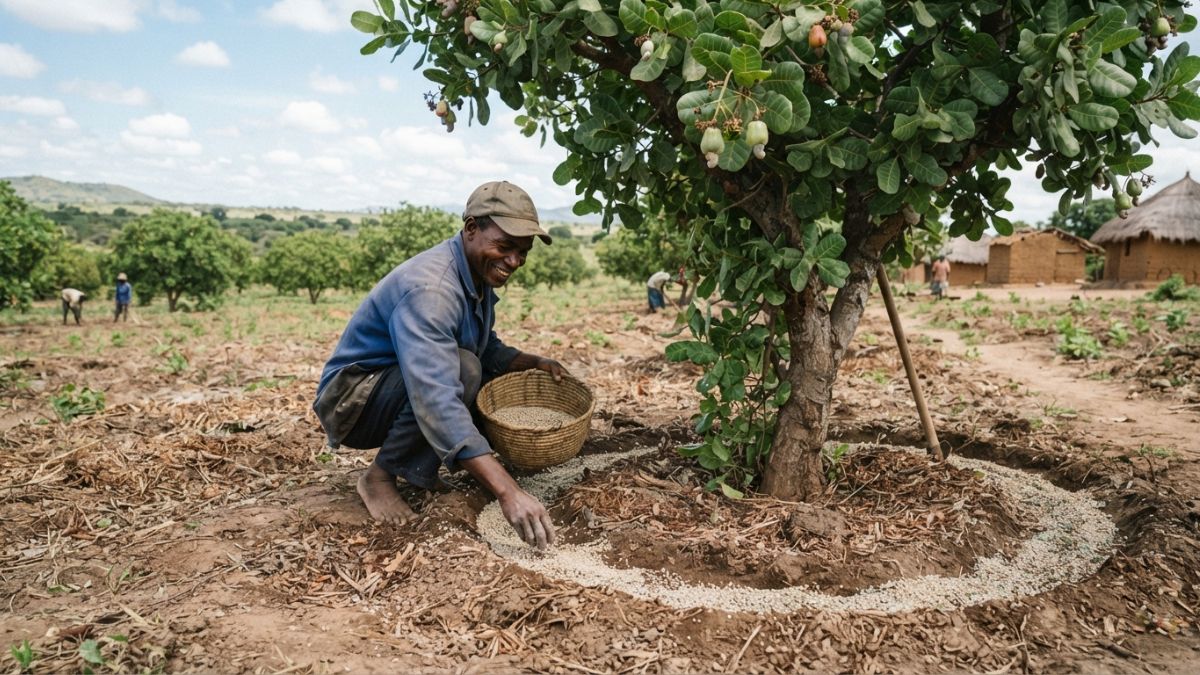 Agricultor a adubar um cajueiro com a tecnica de anel circular