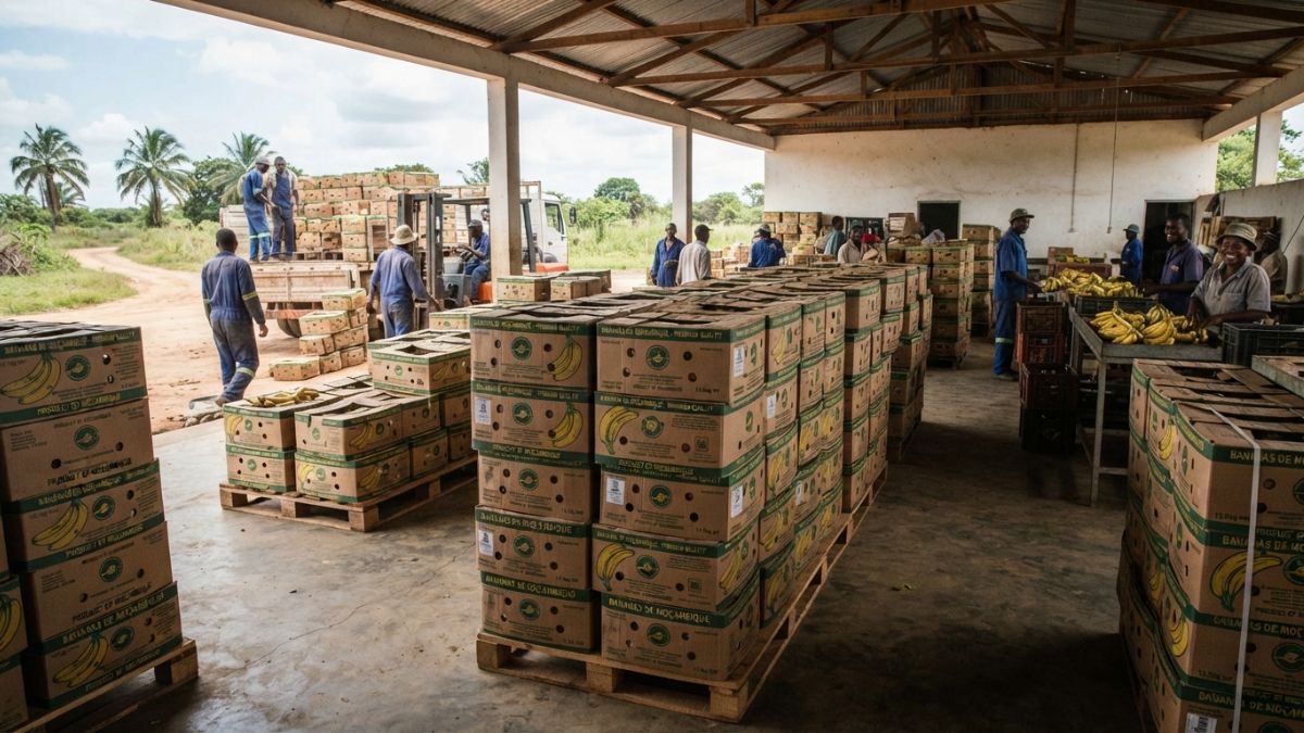 Caixas de banana embaladas e prontas para exporta&ccedil;&atilde;o, empilhadas numa unidade de processamento simples.