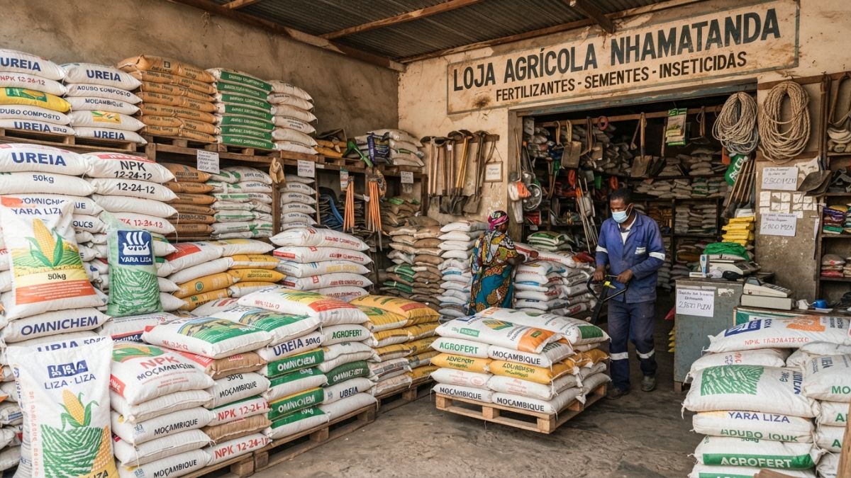 Sacos de fertilizante empilhados em uma loja de insumos agr&iacute;colas