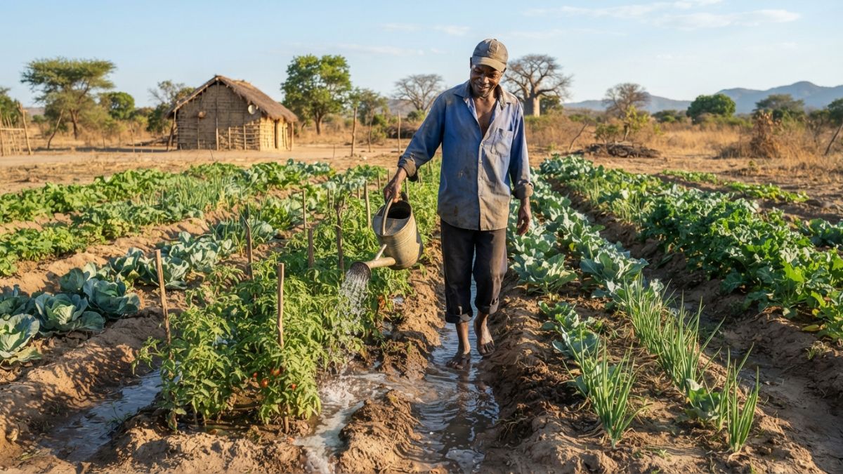 agricultor a regar manualmente a machamba com um sistema simples de baixo custo