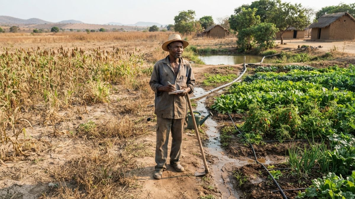 de um lado, culturas tolerantes à seca cultivadas em solo seco e, do outro, uma área verde de hortícolas irrigadas com água proveniente de uma fonte próxima, agricultor moçambicano a observar e planear a produção, contraste natural entre sequeiro e agricultura irrigada