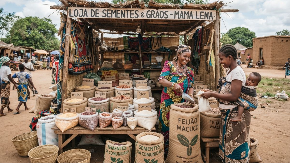 Banca de vendedor rural de sementes com sacas de gr&atilde;os e sementes