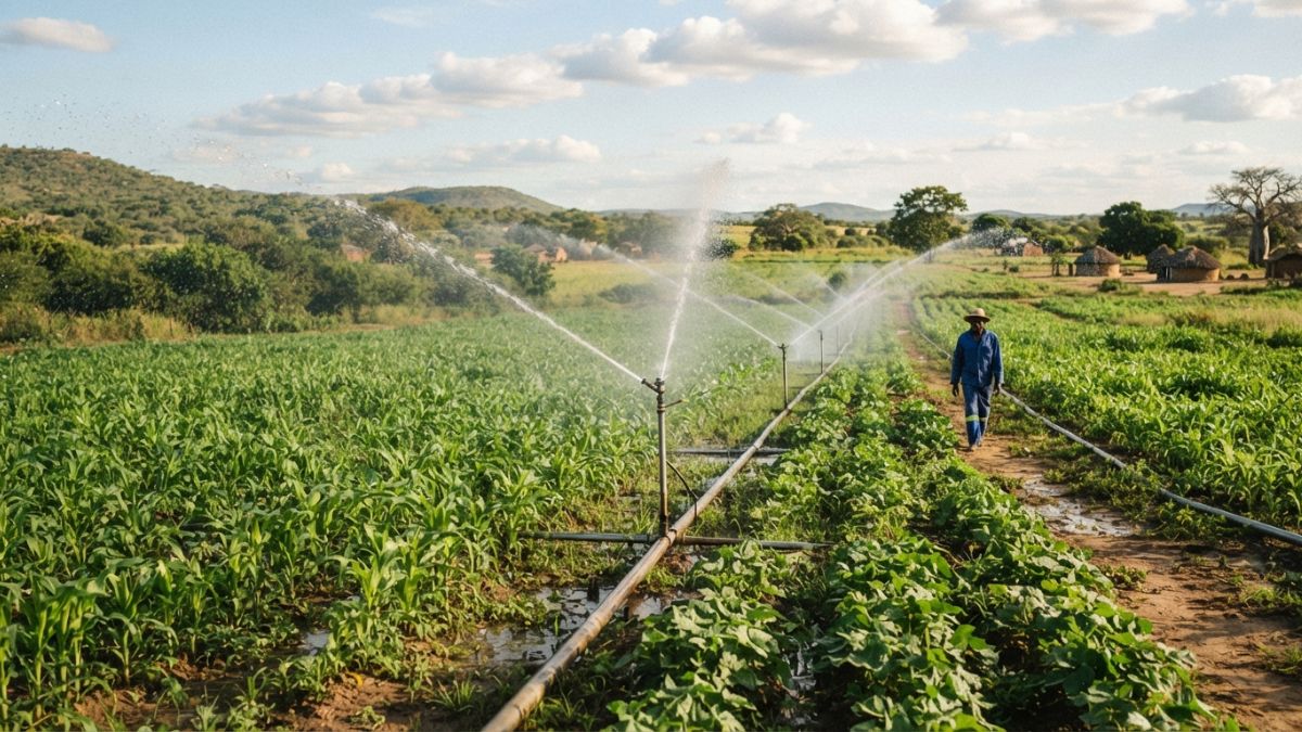 Irriga&ccedil;&atilde;o por aspers&atilde;o pulverizando &aacute;gua sobre uma lavoura, zona rural de Mo&ccedil;ambique