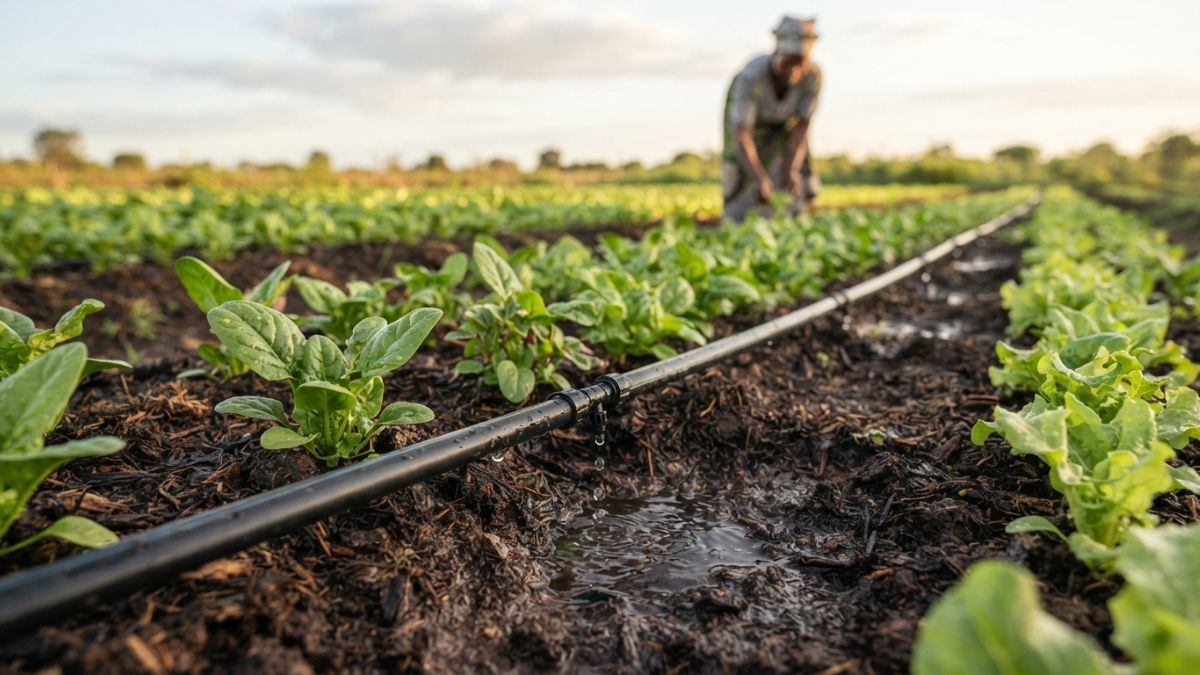 Linhas de irriga&ccedil;&atilde;o por gotejamento irrigando fileiras de hortali&ccedil;as