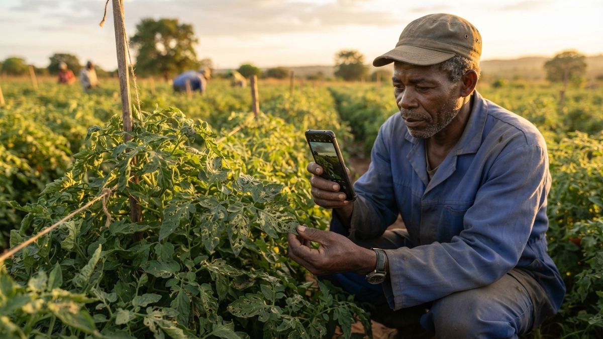 agricultor a identificar praga com o telem&oacute;vel