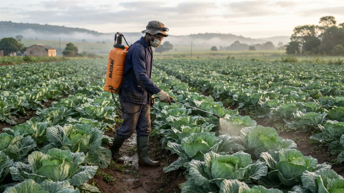 agricultor com equipamento de protec&ccedil;&atilde;o a usar pulverizador costal.
