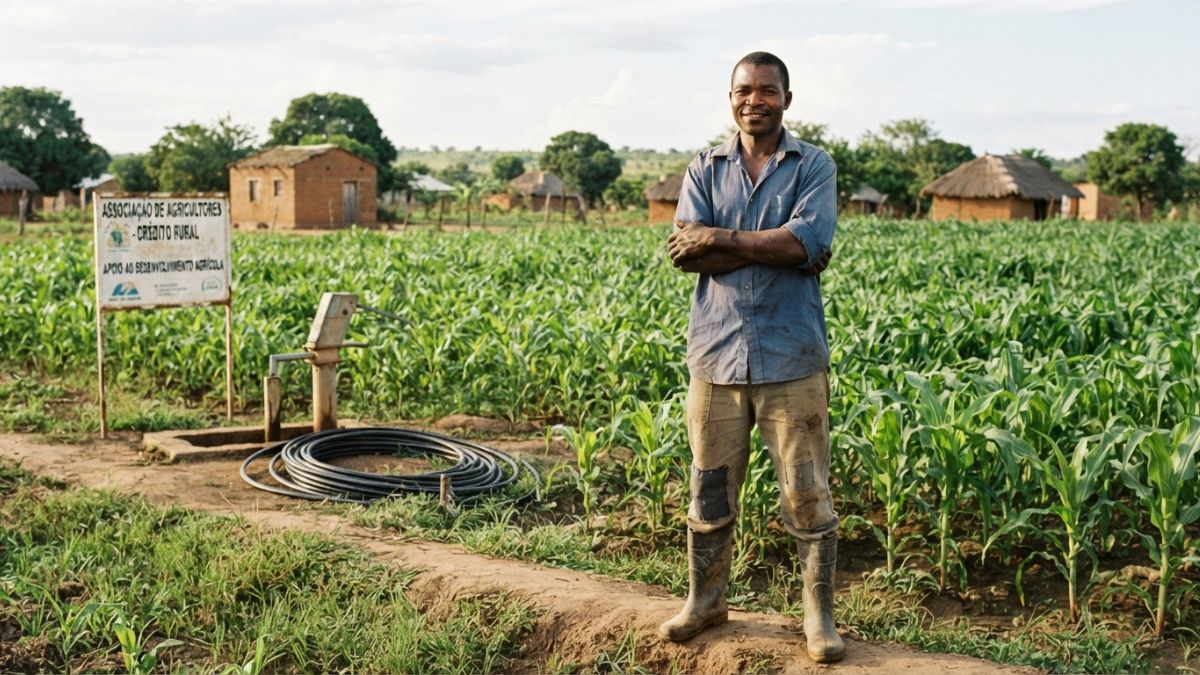 Agricultor de pequena escala posando com orgulho diante de um campo modesto e bem cuidado, representando o acesso ao cr&eacute;dito para pequenos produtores