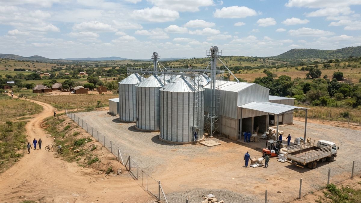 Plano aberto do exterior de uma instala&ccedil;&atilde;o moderna de armazenamento de gr&atilde;os, com silos vis&iacute;veis, em uma &aacute;rea rural de Mo&ccedil;ambique