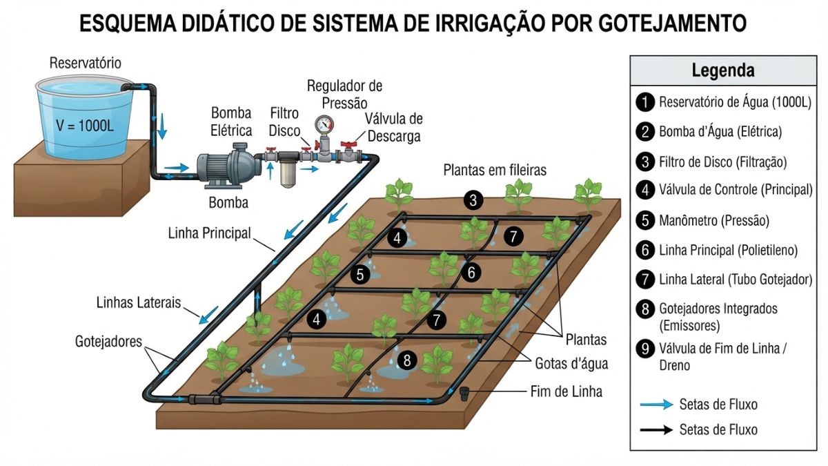 Esquema did&aacute;ctico dos componentes de sistema de irriga&ccedil;&atilde;o por gotejamento