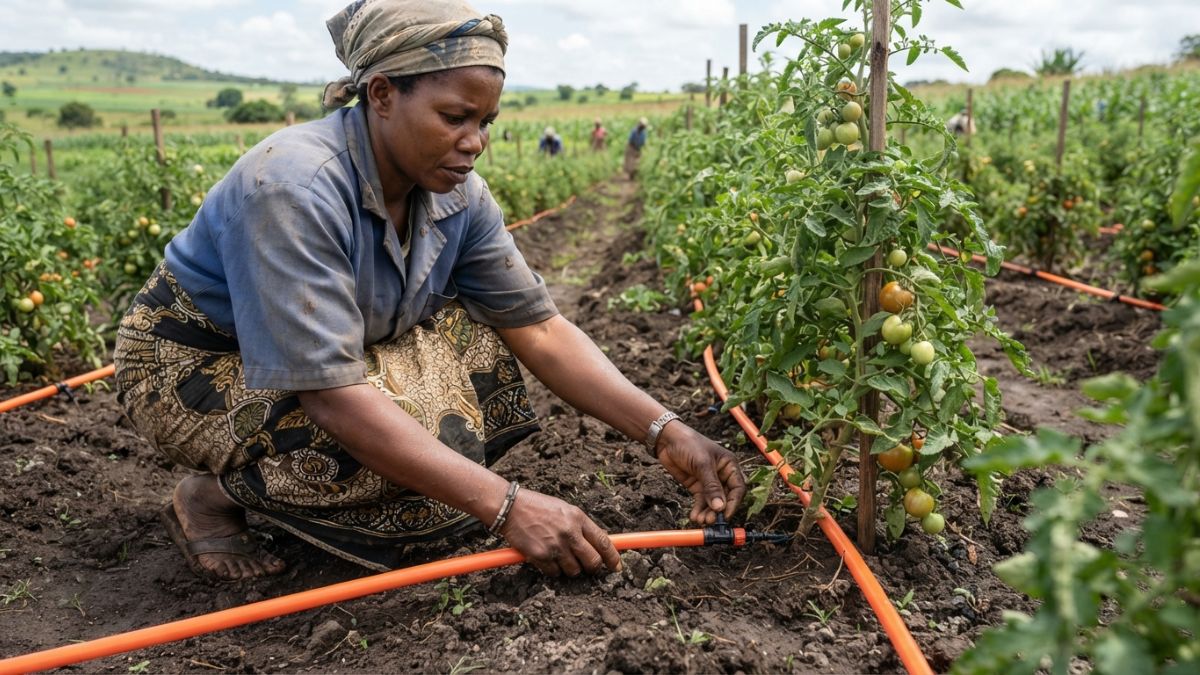 Agricultor mo&ccedil;ambicano a instalar linha lateral de gotejamento entre filas de tomate, tubagem laranja vis&iacute;vel ao n&iacute;vel do solo, m&atilde;os em destaque a posicionar o gotejador junto &agrave;s plantas.