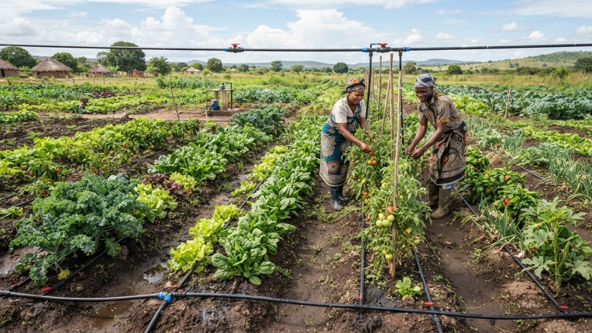 Campo de hort&iacute;colas variados com sistema de gotejamento instalado, diferentes linhas laterais por fila de planta&ccedil;&atilde;o, plantas verdes e saud&aacute;veis, contexto de produ&ccedil;&atilde;o diversificada mo&ccedil;ambicana.