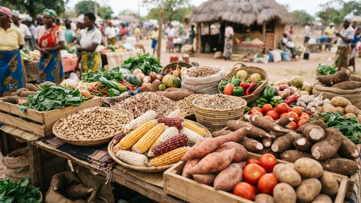 Variedade colorida de produtos agr&iacute;colas colhidos (gr&atilde;os, tub&eacute;rculos, hortali&ccedil;as) dispostos para exposi&ccedil;&atilde;o em uma feira rural