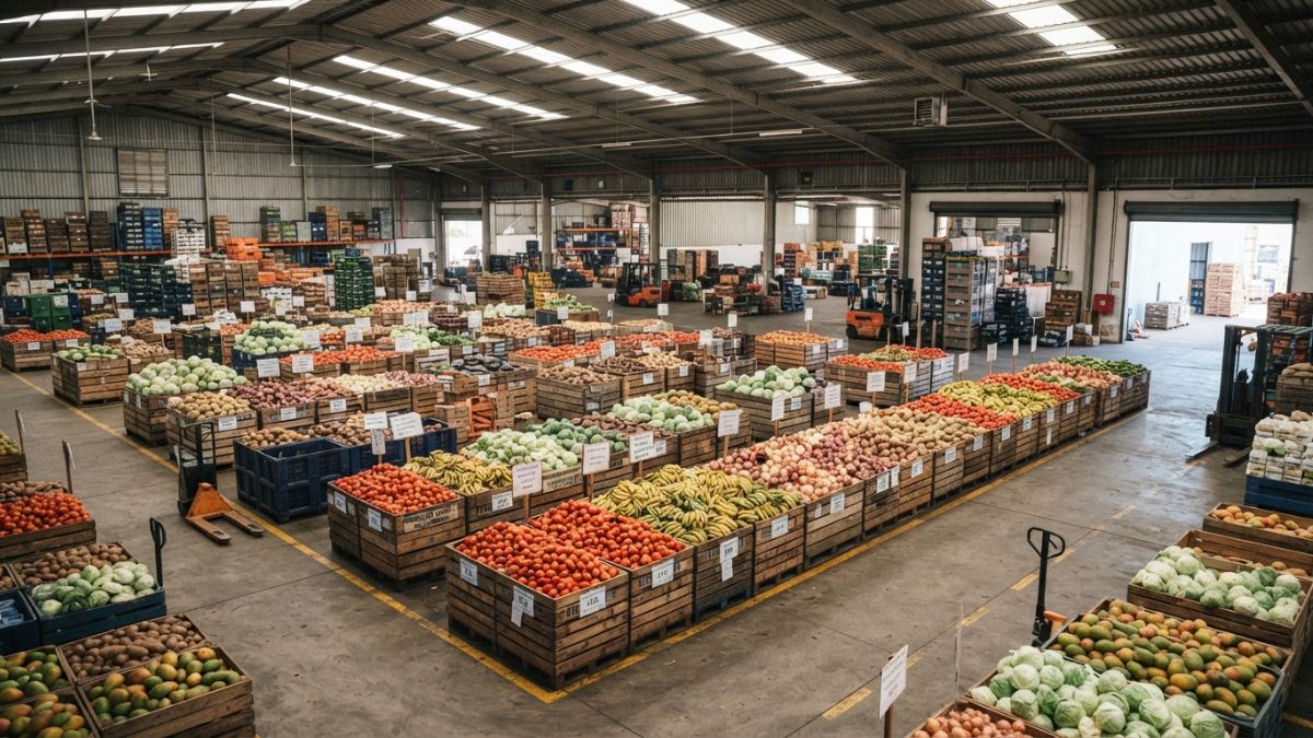 Interior de armaz&eacute;m com lotes de produtos agr&iacute;colas organizados e etiquetados, prontos para comercializa&ccedil;&atilde;o formal