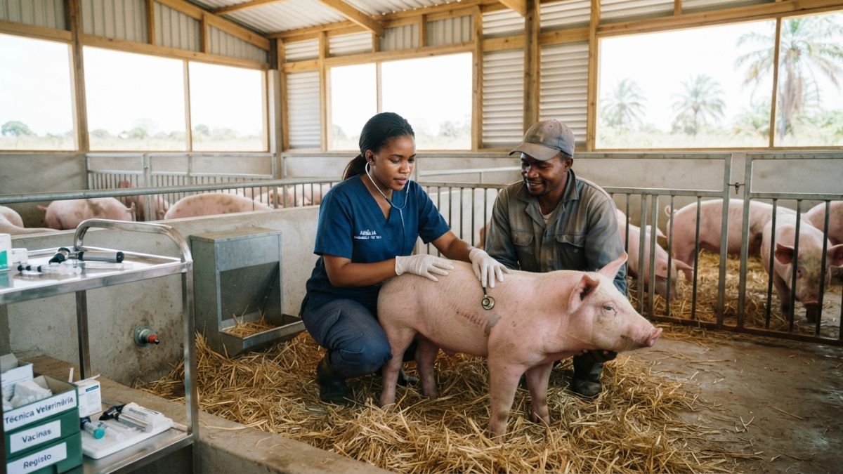 t&eacute;cnico veterin&aacute;rio a examinar su&iacute;no. 