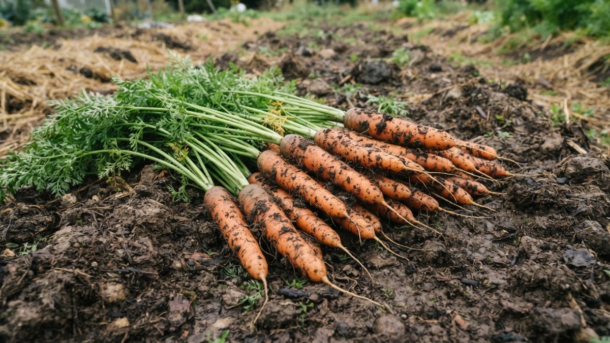 Cenouras rec&eacute;m-colhidas ainda com terra, ra&iacute;zes retas e bem formadas, dispostas sobre solo escuro
