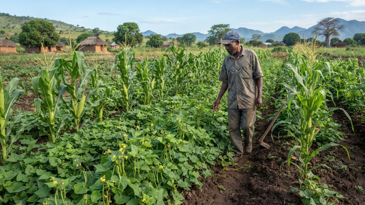 Agricultor mo&ccedil;ambicano a observar a machamba, disposi&ccedil;&atilde;o natural e organizada das tr&ecirc;s culturas consorciadas, solo agr&iacute;cola bem preparado