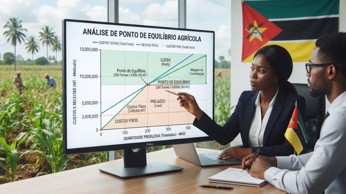 Gr&aacute;fico de ponto de equil&iacute;brio de agroneg&oacute;cio com linhas de custos totais e receitas cruzando num ponto de break-even, contexto de gest&atilde;o financeira agr&iacute;cola, ambiente profissional.