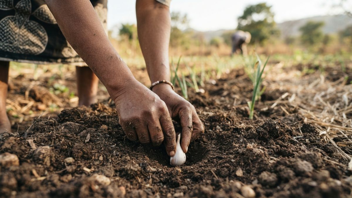 M&atilde;os plantando um dente de alho com a ponta voltada para cima em solo fofo