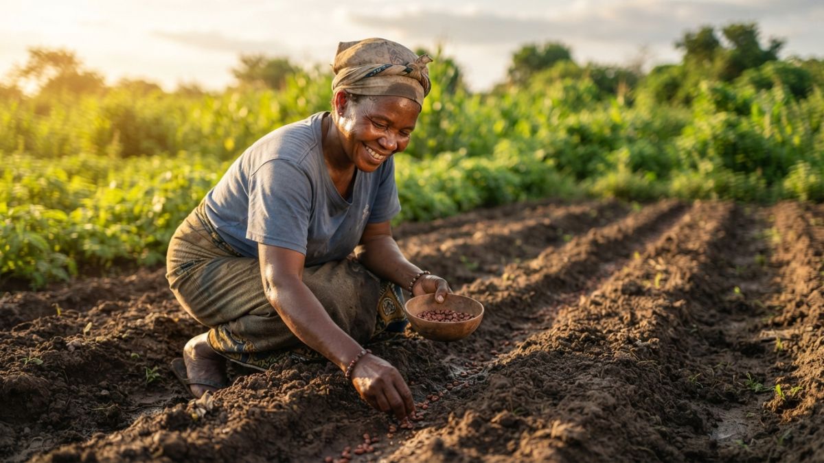 Agricultora a semear feij&atilde;o vulgar na sua machamba bem preparada