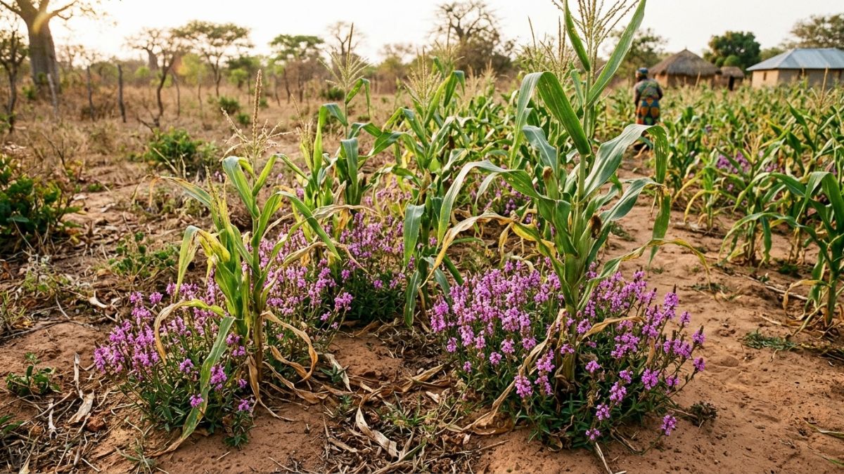 flores p&uacute;rpuras de Striga num campo de milho, agricultora ao fundo a remover