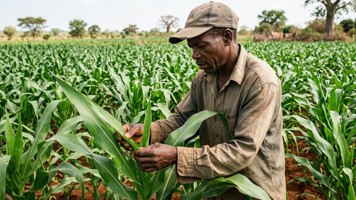 agricultor mo&ccedil;ambicano realizando monitoria de pragas em uma machamba de milho, examinando cuidadosamente as folhas e o cartucho das plantas, observando sinais de lagartas e doen&ccedil;as, plantas de milho vigorosas ao redor,