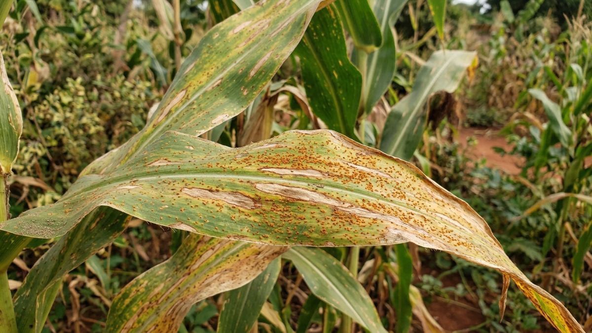folhas de milho afectadas por doen&ccedil;as f&uacute;ngicas, mostrando claramente manchas castanhas, les&otilde;es alongadas e pequenas p&uacute;stulas alaranjadas t&iacute;picas da ferrugem