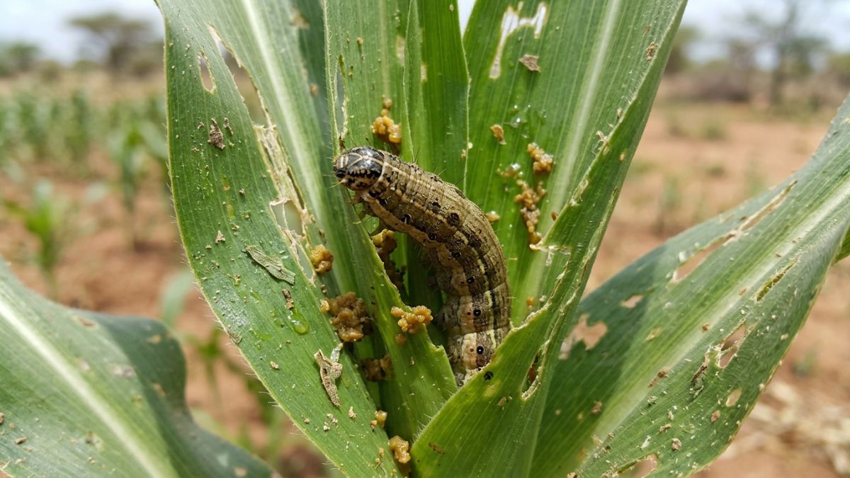uma lagarta-do-cartucho (Spodoptera frugiperda) alimentando-se no cartucho de uma planta jovem de milho, folhas de milho apresentando pequenos furos e danos caracter&iacute;sticos